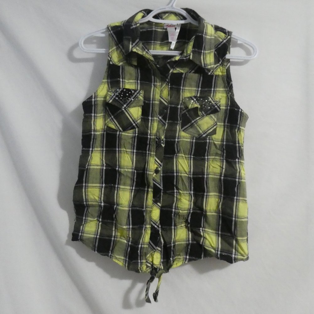 JUSTICE | size 20 | button down plaid tank  | tie waist | silver rhinestones